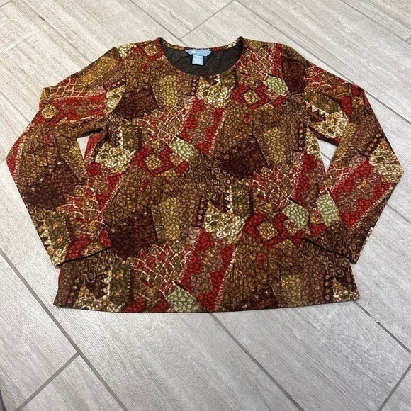 Koret Tops - Koret Womens Large Top Multicolor Geometric Patchwork Long Sleeve Earthy Boho